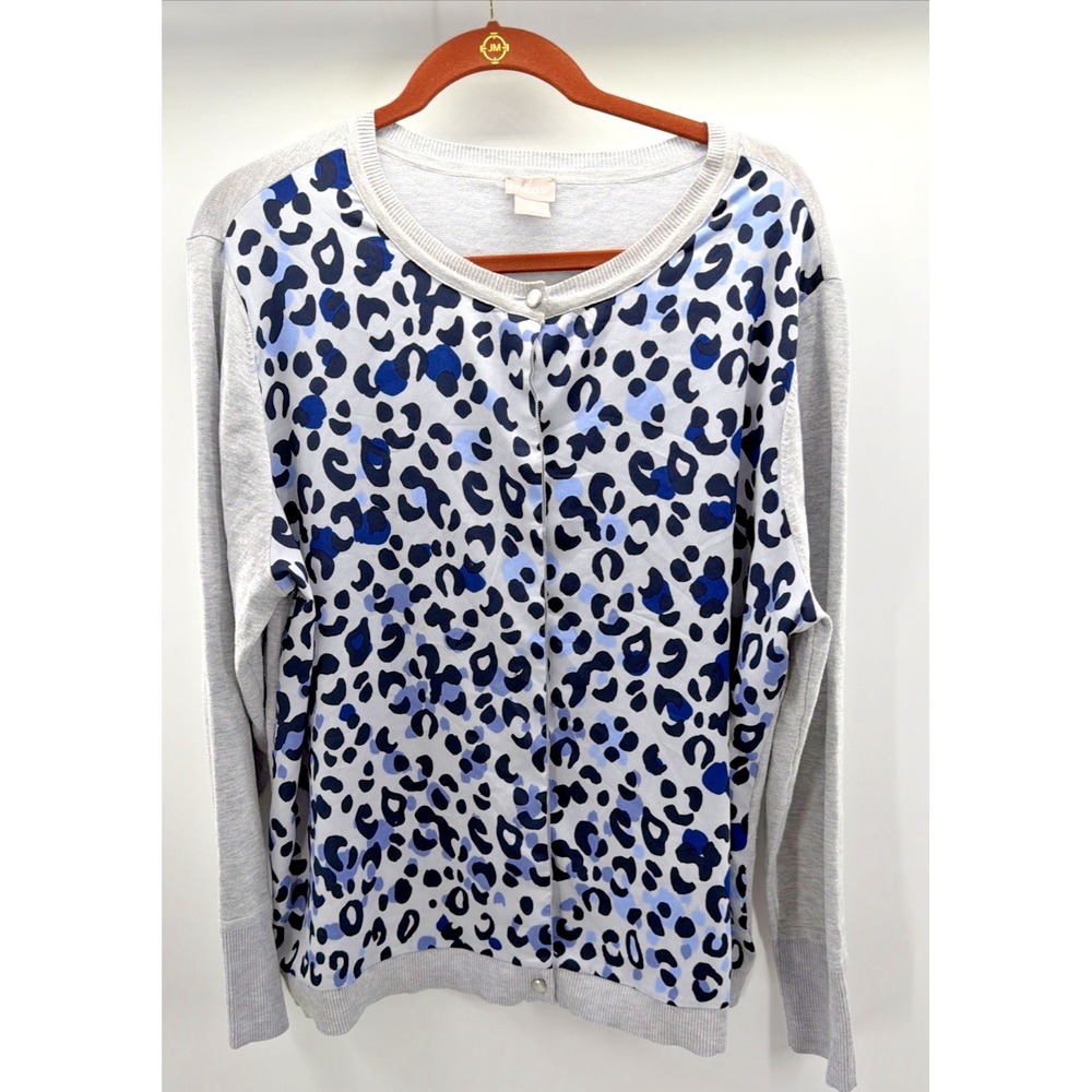 Chico's Animal Cheetah Cardigan Sweater XL Gray Long Sleeve Lightweight Preppy